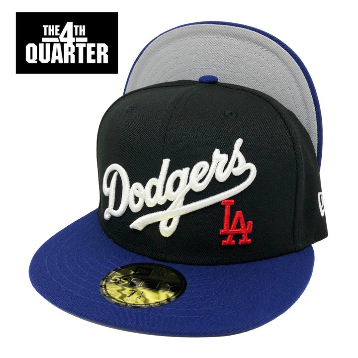 Los Angeles Dodgers Fitted New Era 59Fifty Wordmark LA Black Blue Cap Hat Grey UV - THE 4TH QUARTER