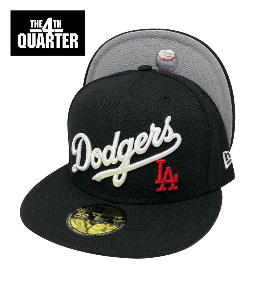 Los Angeles Dodgers Fitted New Era 59Fifty White Wordmark LA Black Cap Hat Grey UV - THE 4TH QUARTER