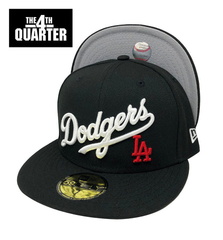 Los Angeles Dodgers Fitted New Era 59Fifty White Wordmark LA Black Cap Hat Grey UV
