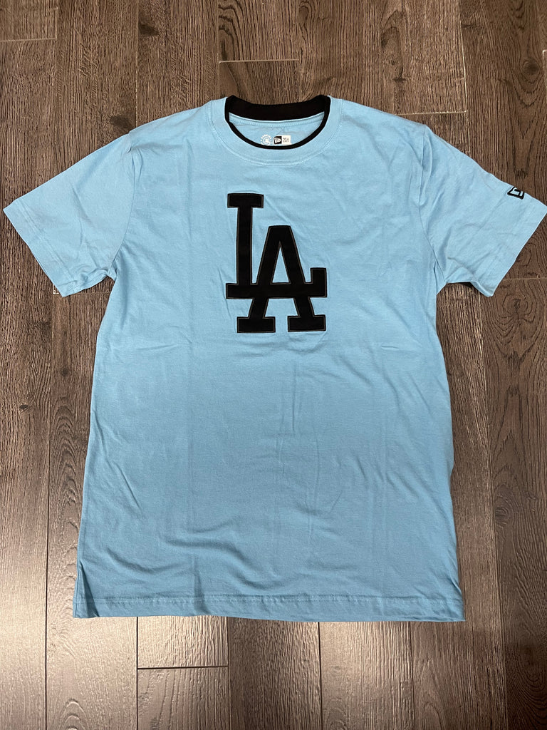 Los Angeles Dodgers Mens T-Shirt New Era Black LA Logo Sky Blue