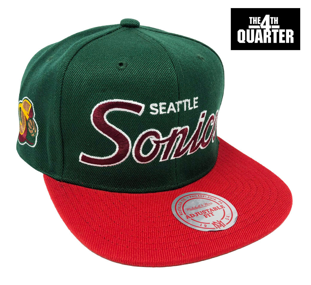 Seattle Sonics Snapback Mitchell & Ness Script Side Patch Green Red Cap Hat - THE 4TH QUARTER