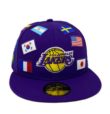 Los Angeles Lakers Fitted New Era 59Fifty All Over World Flags Purple Cap Hat Grey UV