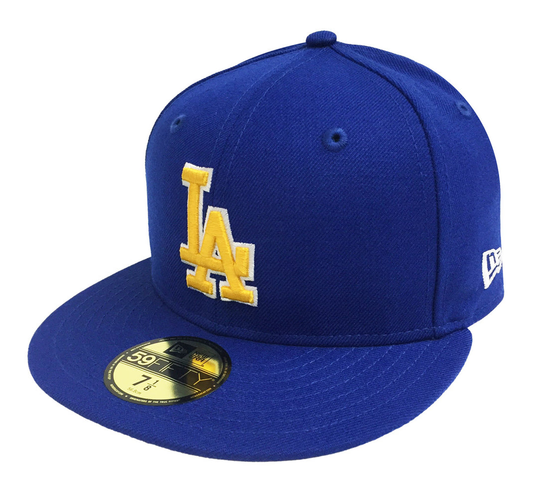 Los Angeles Dodgers Fitted New Era 59FIFTY Yellow Logo Blue Cap Hat Grey UV - THE 4TH QUARTER
