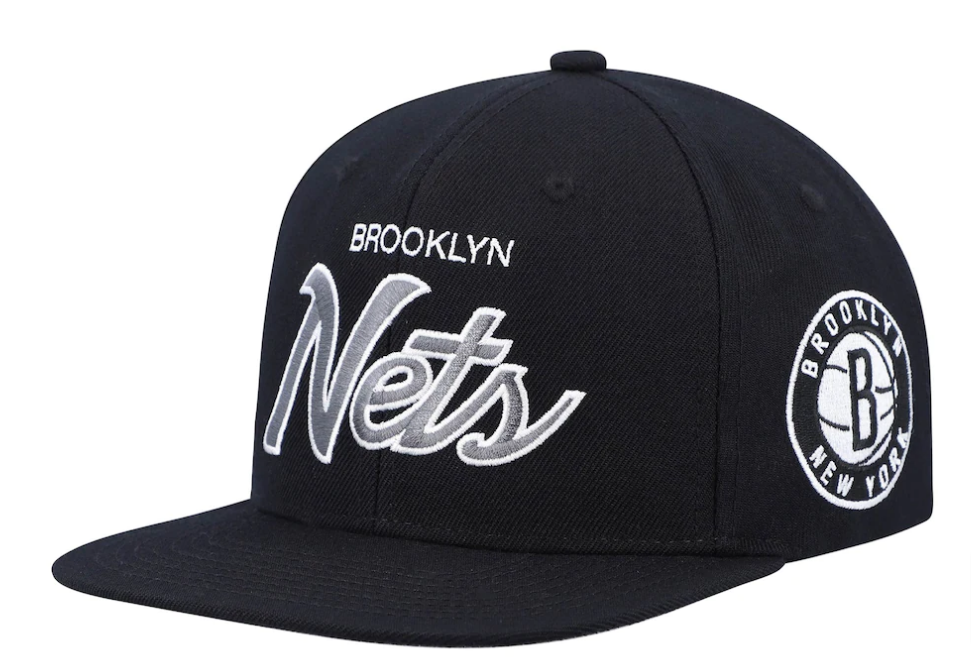 Brooklyn Nets Snapback Mitchell &amp; Ness Silver Script Cap Hat All Black Patch - THE 4TH QUARTER