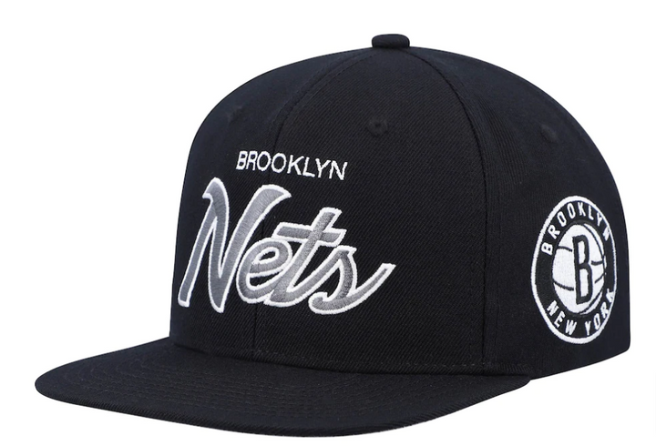 Brooklyn Nets Snapback Mitchell &amp; Ness Silver Script Cap Hat All Black Patch - THE 4TH QUARTER