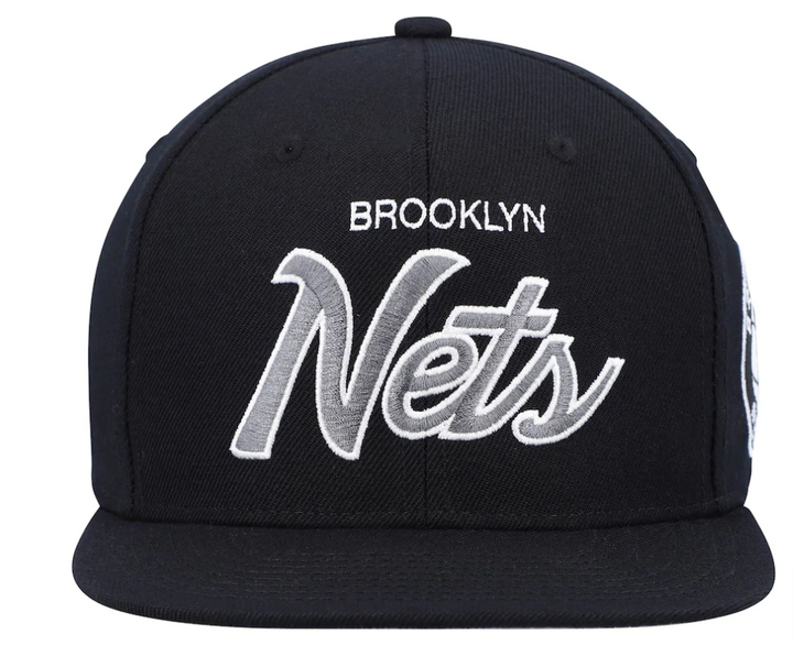 Brooklyn Nets Snapback Mitchell &amp; Ness Silver Script Cap Hat All Black Patch - THE 4TH QUARTER