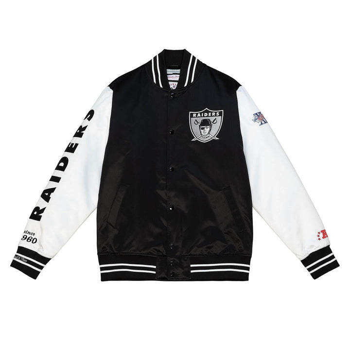 Raiders Mens Mitchell &amp; Ness Origins Varsity Satin Jacket Black White - THE 4TH QUARTER