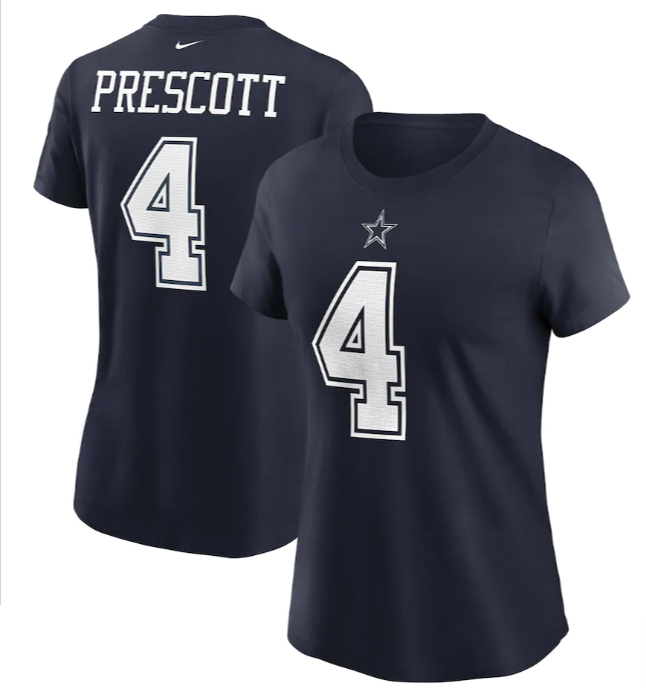 Dallas Cowboys Nike Women's T-Shirt Dak Prescott Nike Navy Name & Number Tee - THE 4TH QUARTER