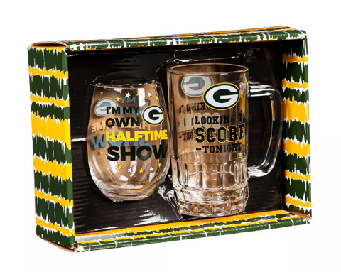 Green Bay Packers Stemless 17oz Wine & Beer 16oz Glass Gift Set