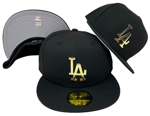 Dodgers Fitted New Era 59Fifty Metal Gold Emblem Black Cap Hat Grey UV - THE 4TH QUARTER