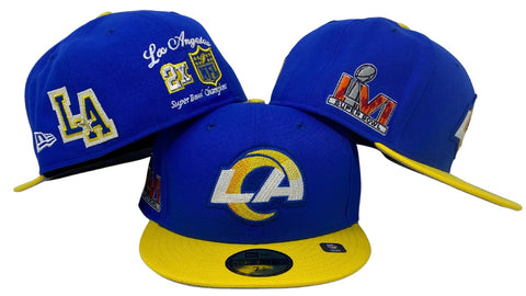 Los Angeles Rams Fitted New Era 59Fifty Letterman Blue Yellow Cap Hat