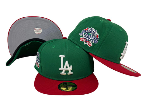 Dodgers New Era 59Fifty Fitted 100th Ann Green Red Hat Cap Grey UV