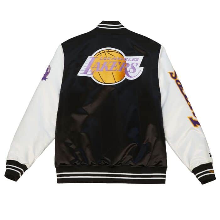 Los Angeles Lakers Mens Mitchell &amp; Ness Origins Varsity Satin Jacket Black White - THE 4TH QUARTER
