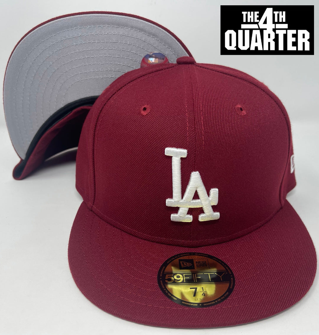 Los Angeles Dodgers Fitted New Era 59Fifty White Logo Cap Hat Burgundy Grey UV - THE 4TH QUARTER
