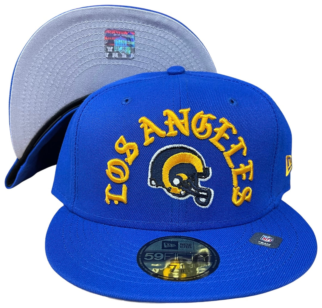 Los Angeles Rams Fitted New Era 59Fifty Gothic Arch Blue Hat Cap Grey UV - THE 4TH QUARTER