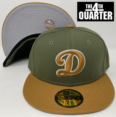 Los Angeles Dodgers Fitted New Era 59Fifty Big D Logo Cap Hat Olive Tan