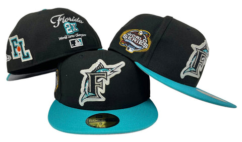 Florida Marlins Fitted New Era 59Fifty Letterman Black Teal Cap Hat