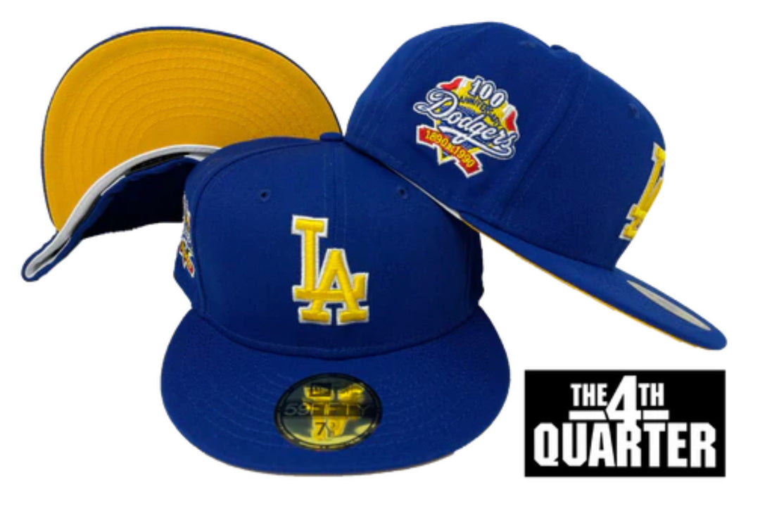 Dodgers Fitted New Era 59FIFTY Yellow Logo 100th Ann. Royal Blue Hat Cap Yellow UV - THE 4TH QUARTER