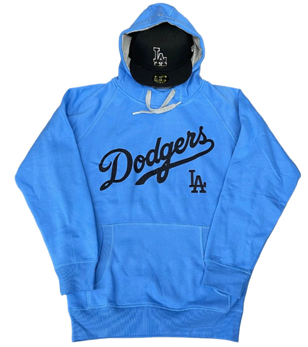 Dodgers Mens Sweatshirt Antigua Victory Pullover Hoodie Columbia Sky - THE 4TH QUARTER
