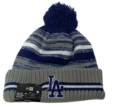 Los Angeles Dodgers Beanie New Era Cuff Knit Pom Hat Blue Grey Stripes