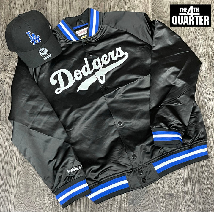 Los Angeles Dodgers Mens Jacket Mitchell &amp; Ness Lightweight Satin Black - THE 4TH QUARTER
