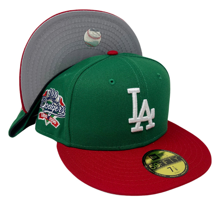 Dodgers New Era 59Fifty Fitted 100th Ann Green Red Hat Cap Grey UV - THE 4TH QUARTER