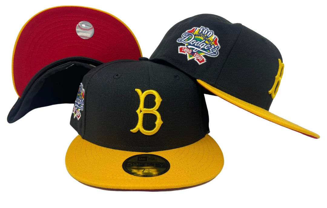 Brooklyn Dodgers Fitted New Era 59Fifty 100th Anniversary Black Yellow Cap Hat Red UV - THE 4TH QUARTER