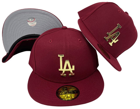 Dodgers Fitted New Era 59Fifty Metal Gold Emblem Burgundy Cap Hat Grey UV