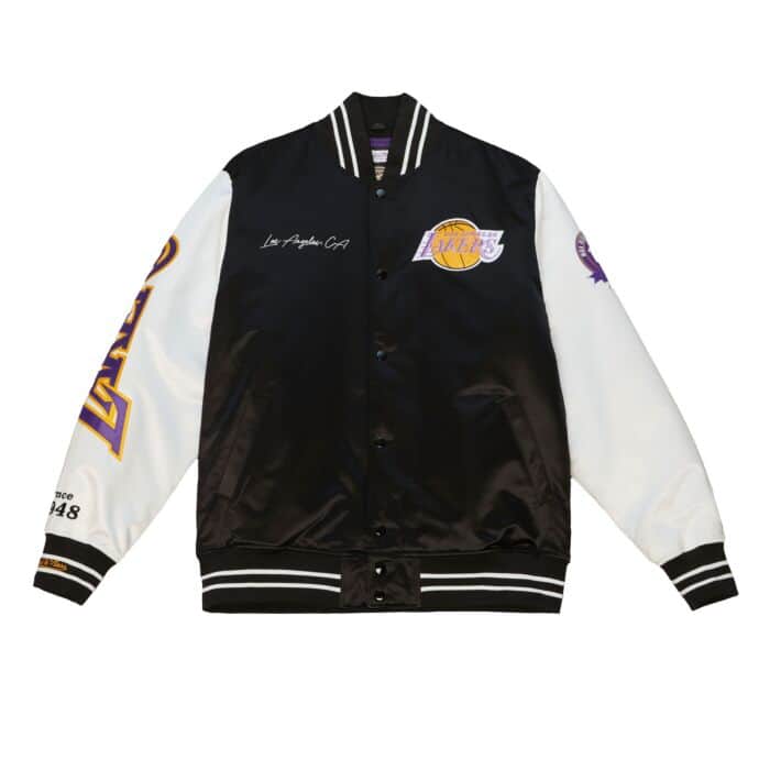 Los Angeles Lakers Mens Mitchell & Ness Origins Varsity Satin Jacket Black White - THE 4TH QUARTER
