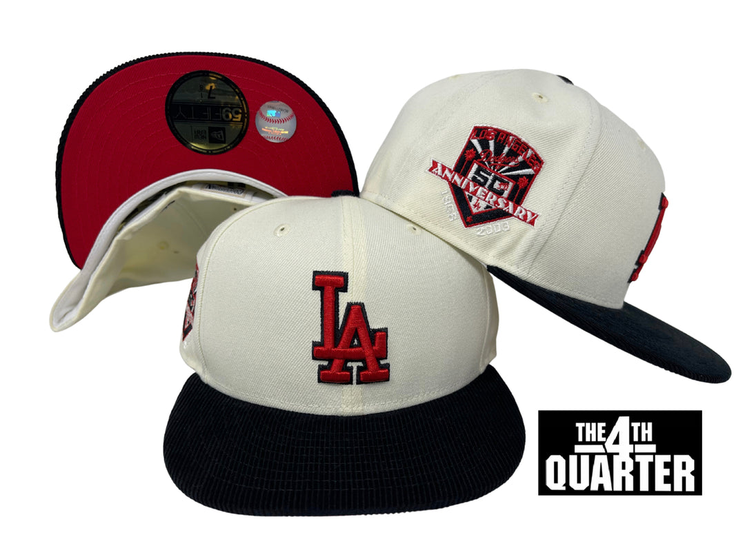 Dodgers Fitted New Era 59Fifty 50th Ann. Chrome Black Corduroy Cap Hat Red UV - THE 4TH QUARTER