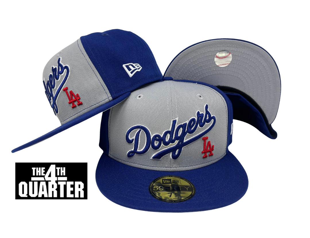 Dodgers Fitted New Era 59Fifty Grey Blue Wordmark Cap Hat Grey UV - THE 4TH QUARTER