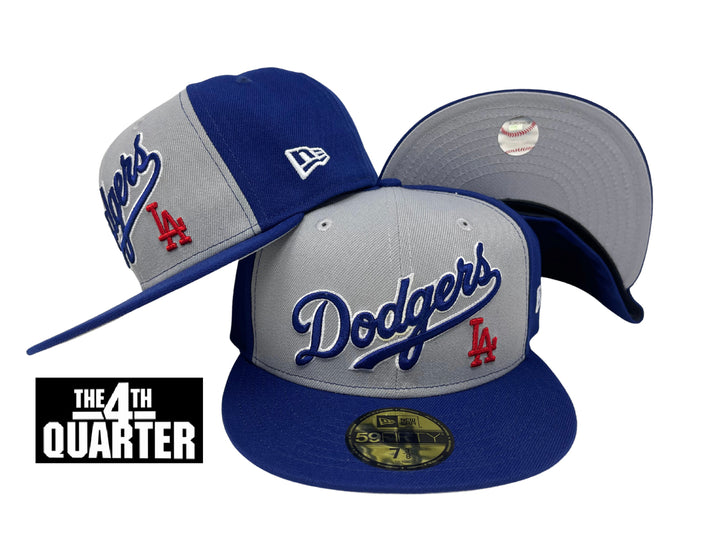 Dodgers Fitted New Era 59Fifty Grey Blue Wordmark Cap Hat Grey UV - THE 4TH QUARTER
