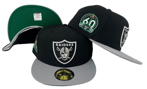 Raiders Fitted New Era 59Fifty 60th Anniversary Patch Black Grey Hat Cap Green UV