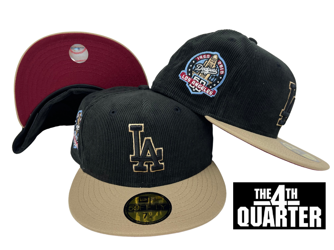 Dodgers Fitted New Era 59Fifty 60th Ann. Corduroy Black Brown Sky Cap Hat Burgundy UV - THE 4TH QUARTER