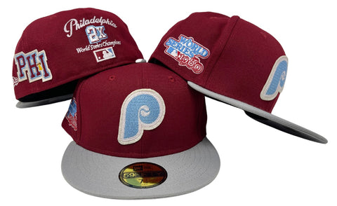 Philadelphia Phillies Fitted New Era 59Fifty Letterman Burgundy Grey Cap Hat