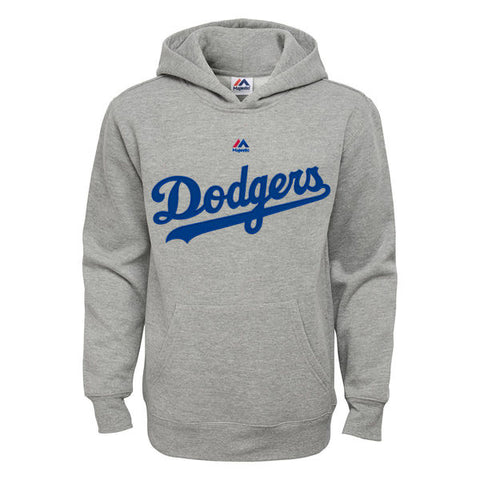 Los Angeles Dodgers Youth Sweatshirt Majestic Wordmark Pullover Hoodie Heathered Gray