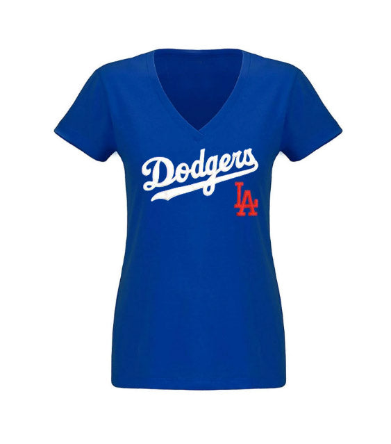 Los Angeles Dodgers Womens T-Shirt 47 Brand Wordmark Red LA V-Neck Tee Royal Blue - THE 4TH QUARTER