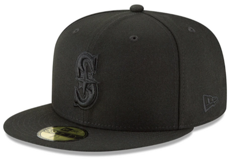 Seattle Mariners Fitted New Era 59Fifty Black Logo Cap Hat Black on Black