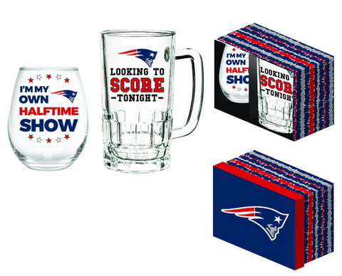 New England Patriots Stemless 17oz Wine & Beer 16oz Glass Gift Set
