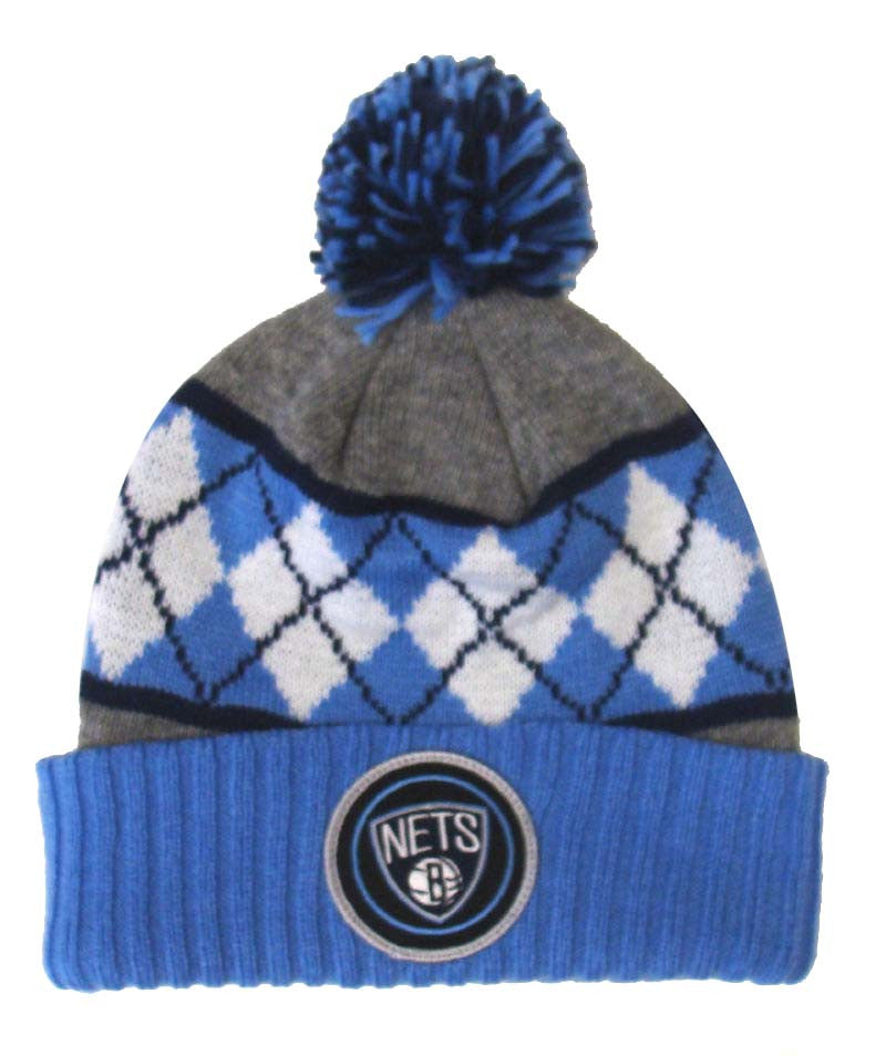 Brooklyn Nets Beanie Mitchell & Ness Powder Blue Argyle Cuffed Pom Knit Hat - THE 4TH QUARTER