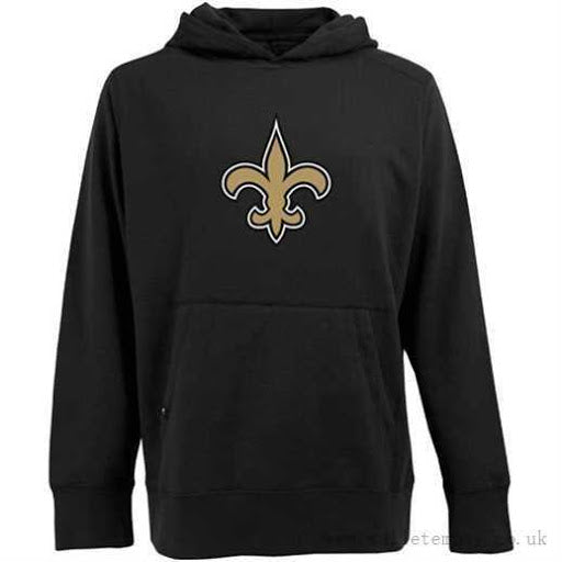 New Orleans Saints Mens Sweatshirt Antigua Logo Black Hooded Pullover - THE 4TH QUARTER