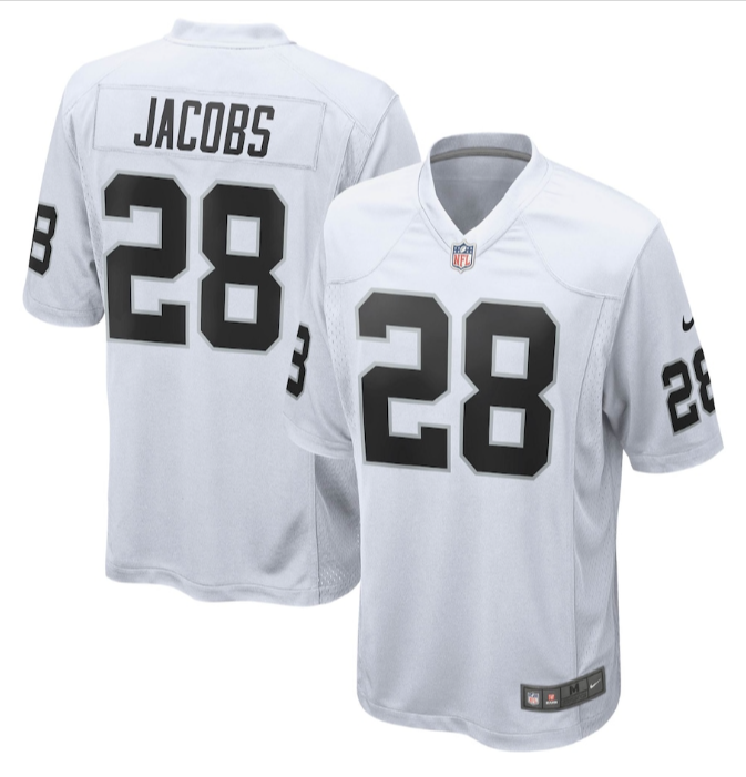 Raiders Mens Jersey #28 Josh Jacobs Game White Replica - THE 4TH QUARTER