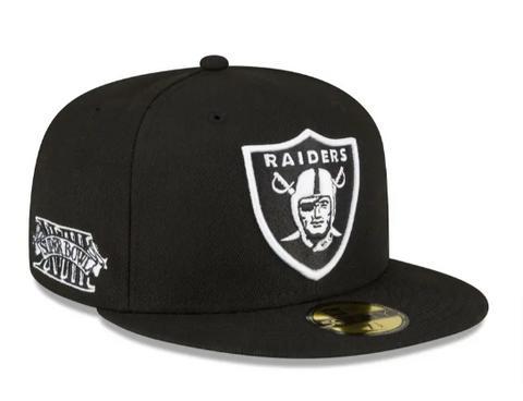 Raiders Fitted New Era 59Fifty Super Bowl XVIII Patch Black White Cap Hat Grey UV