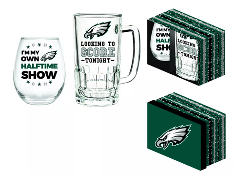 Philadelphia Eagles Stemless 17oz Wine & Beer 16oz Glass Gift Set