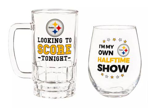 Pittsburgh Steelers Stemless 17oz Wine & Beer 16oz Glass Gift Set