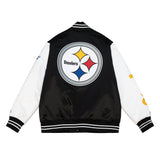 Pittsburgh Steelers Mens Mitchell & Ness Origins Varsity Satin Jacket Black White