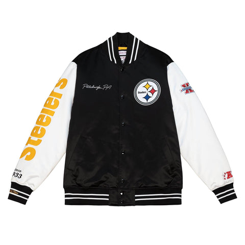 Pittsburgh Steelers Mens Mitchell & Ness Origins Varsity Satin Jacket Black White