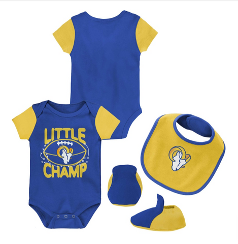 Los Angeles Rams Infant Little Champ 3 pc Bodysuit Bib & Bootie Creeper Set