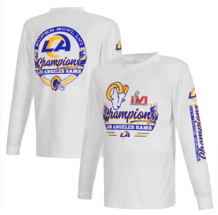 Los Angeles Rams Mens T-Shirt Fanatics Super Bowl LVI Champions Long Sleeve White - THE 4TH QUARTER