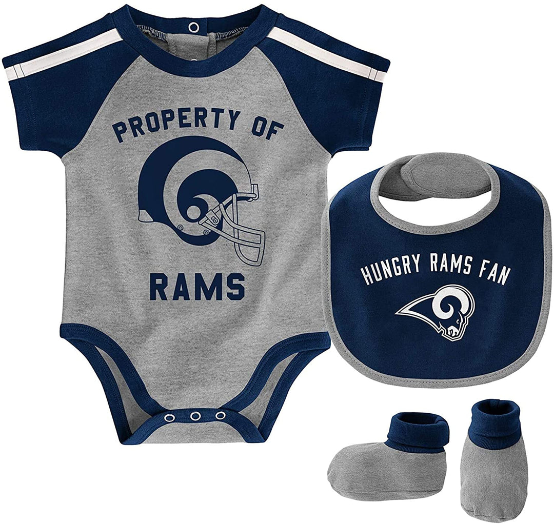 Los Angeles Rams Infant Tackle Creeper Bib & Bootie 3pc Set Navy Grey - THE 4TH QUARTER